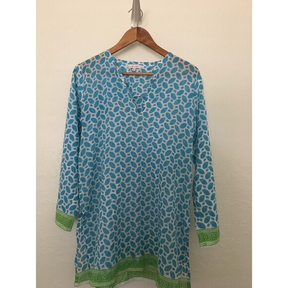 Barbara Gerwit Size Small Turquoise Lime Green Border Tunic 100% Cotton - Picture 1 of 6